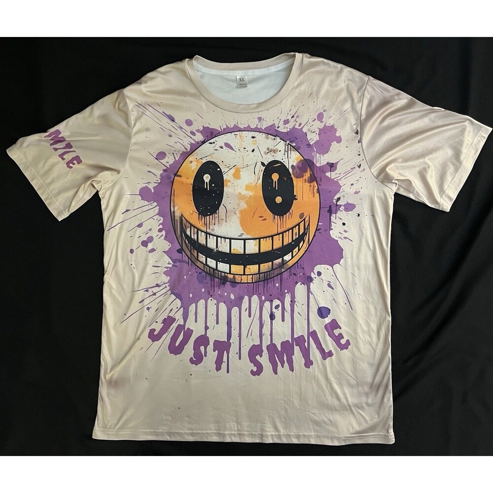 Just Smile Creepy Evil Smiley Face Graphic T-Shirt Men's XL Beige Paint Splatter